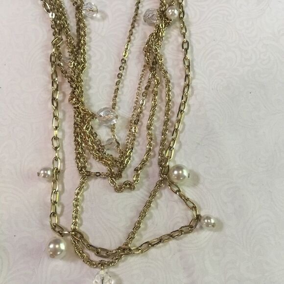 Goldtone Lacy Chain Necklace with Faux Pearls & Crystals - Picture 2 of 5